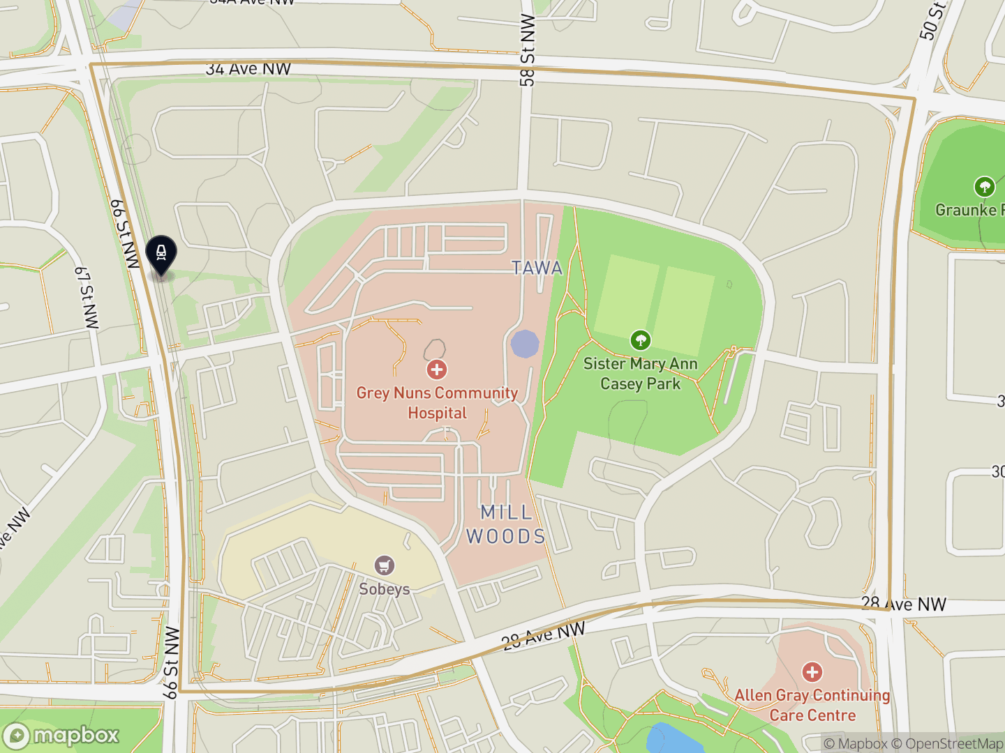 Map of Tawa, Edmonton — neighbourhood boundary with 1 LRT station, parks and surrounding streets.