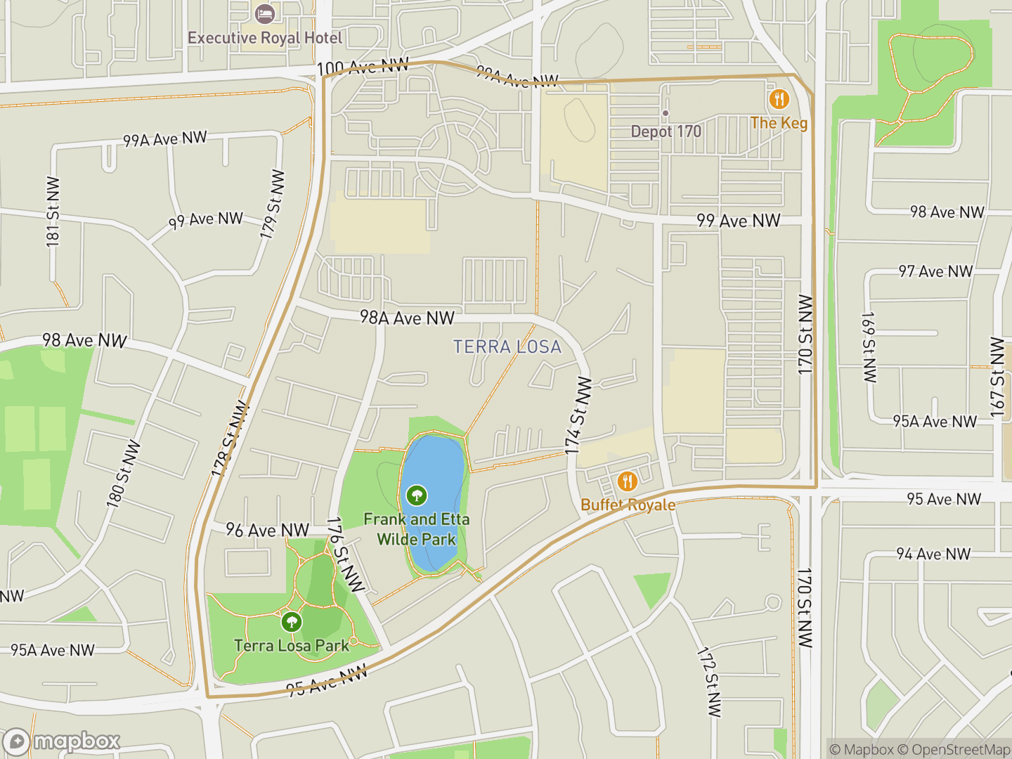 Map of Terra Losa, Edmonton — neighbourhood boundary, parks and surrounding streets.