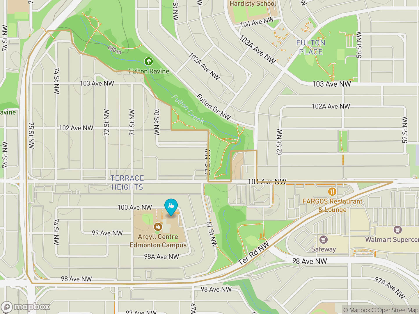 Map of Terrace Heights, Edmonton — neighbourhood boundary, 1 school, parks and surrounding streets.