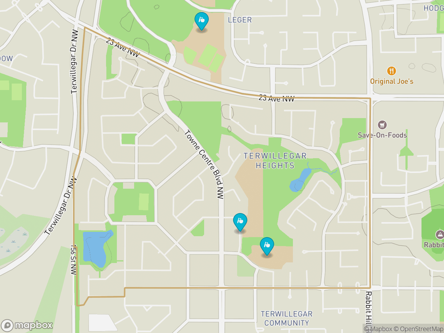 Map of Terwillegar Towne, Edmonton — neighbourhood boundary, 3 schools, parks and surrounding streets.