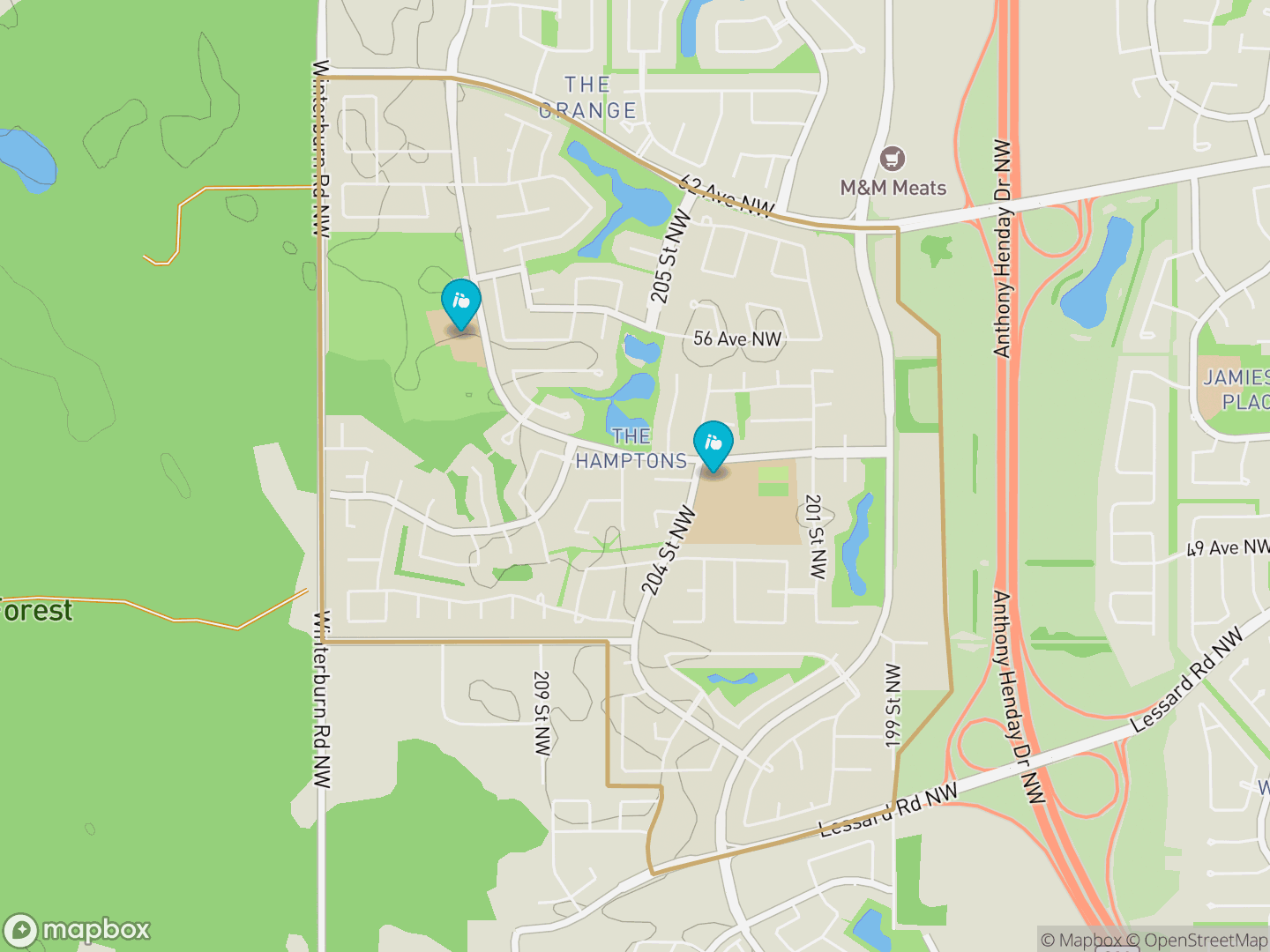 Map of The Hamptons, Edmonton — neighbourhood boundary, 2 schools, parks and surrounding streets.