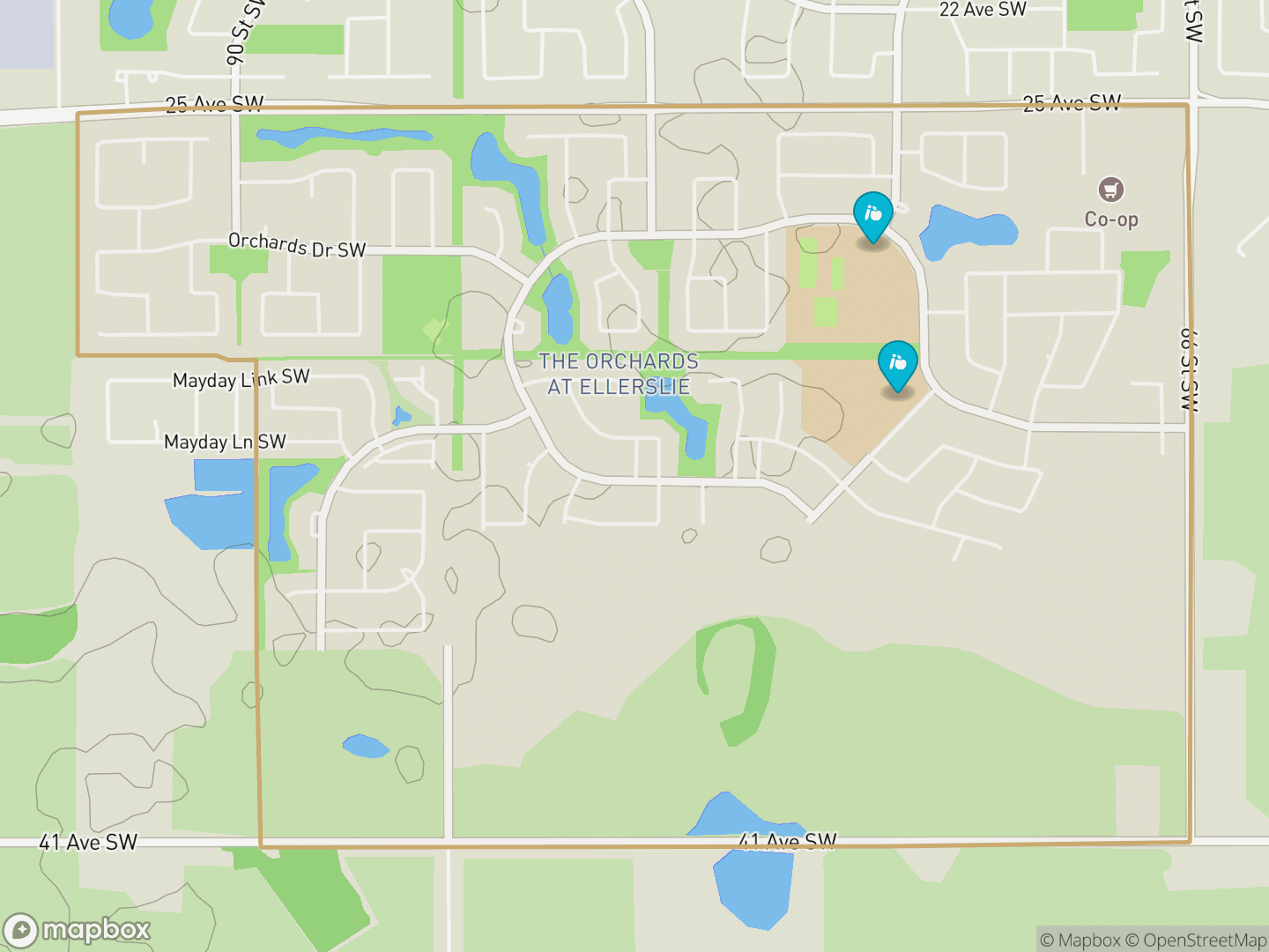 Map of The Orchards At Ellerslie, Edmonton — neighbourhood boundary, 2 schools, parks and surrounding streets.