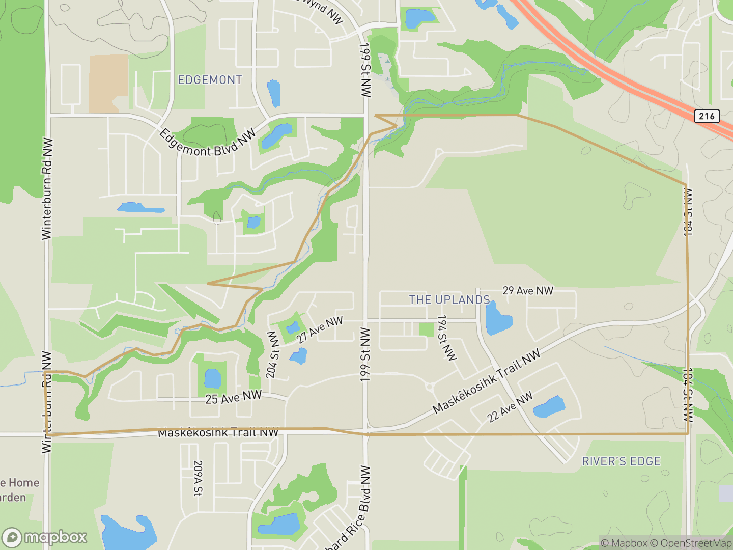 Map of The Uplands, Edmonton — neighbourhood boundary, parks and surrounding streets.