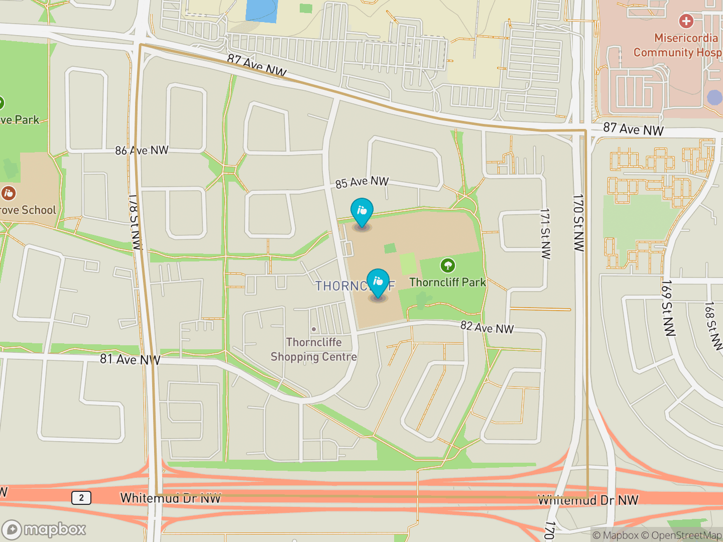 Map of Thorncliff, Edmonton — neighbourhood boundary, 2 schools, parks and surrounding streets.