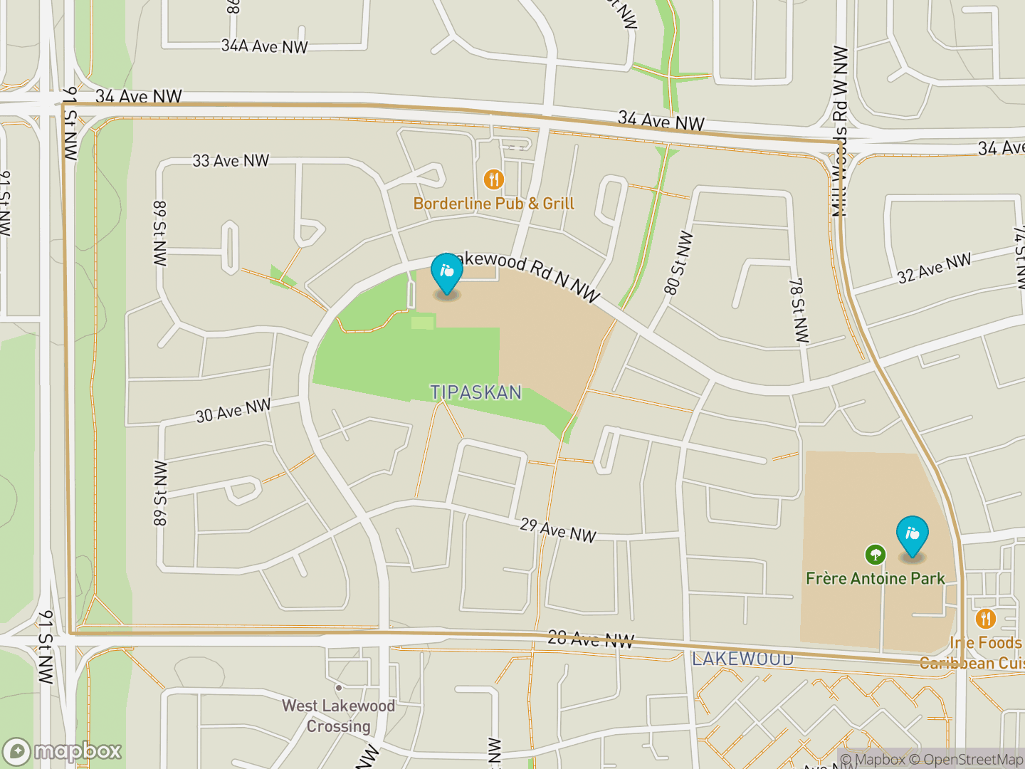 Map of Tipaskan, Edmonton — neighbourhood boundary, 2 schools, parks and surrounding streets.