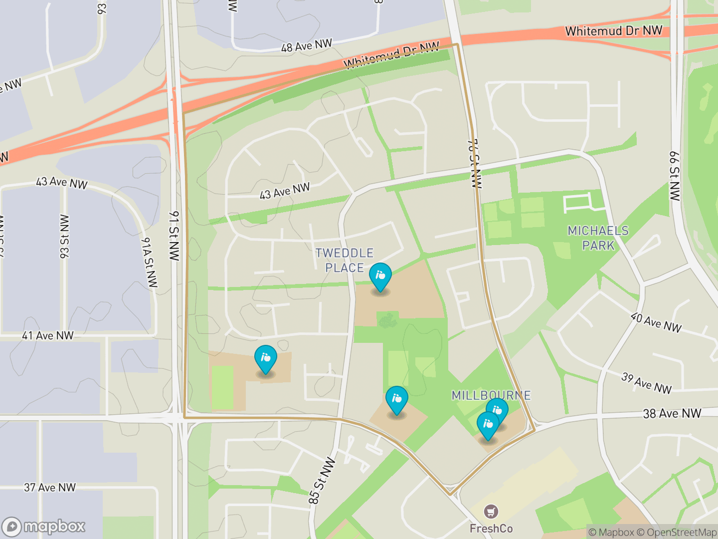Map of Tweddle Place, Edmonton — neighbourhood boundary, 5 schools, parks and surrounding streets.
