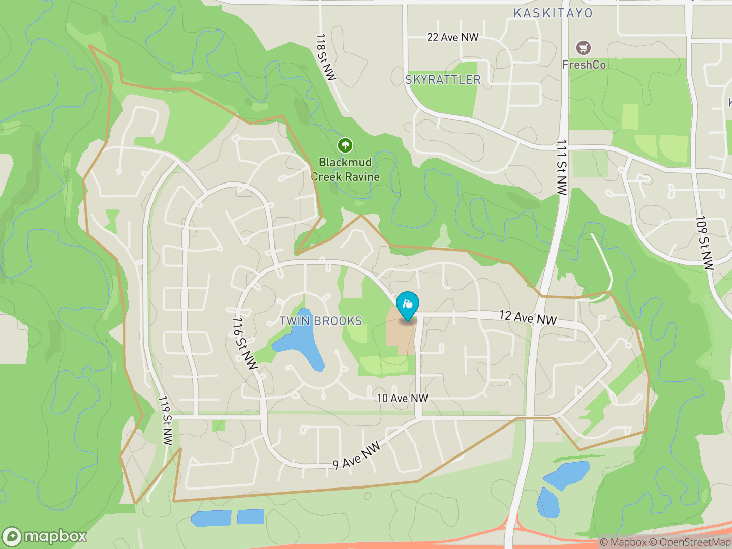 Map of Twin Brooks, Edmonton — neighbourhood boundary, 1 school, parks and surrounding streets.