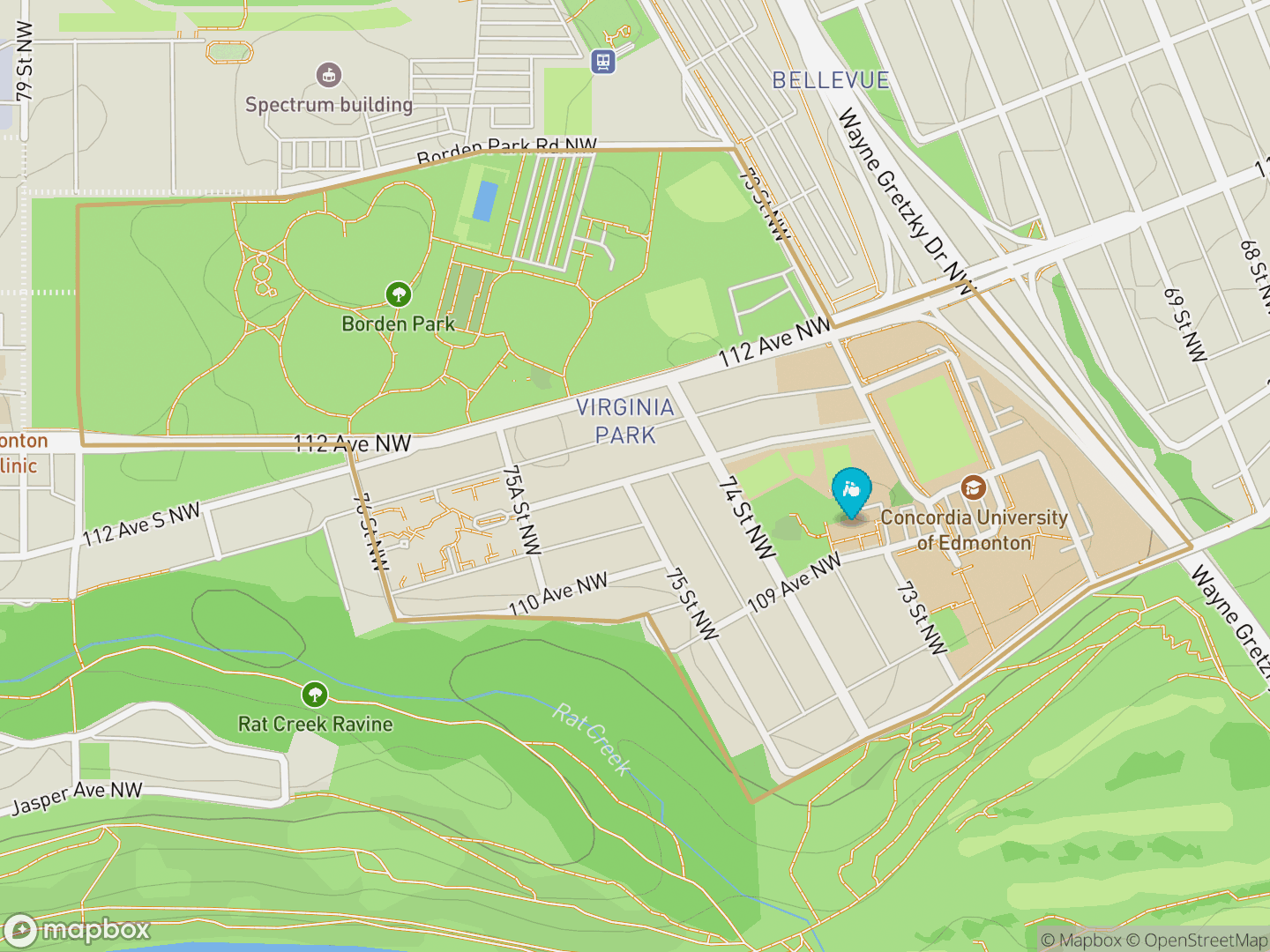 Map of Virginia Park, Edmonton — neighbourhood boundary, 1 school, parks and surrounding streets.