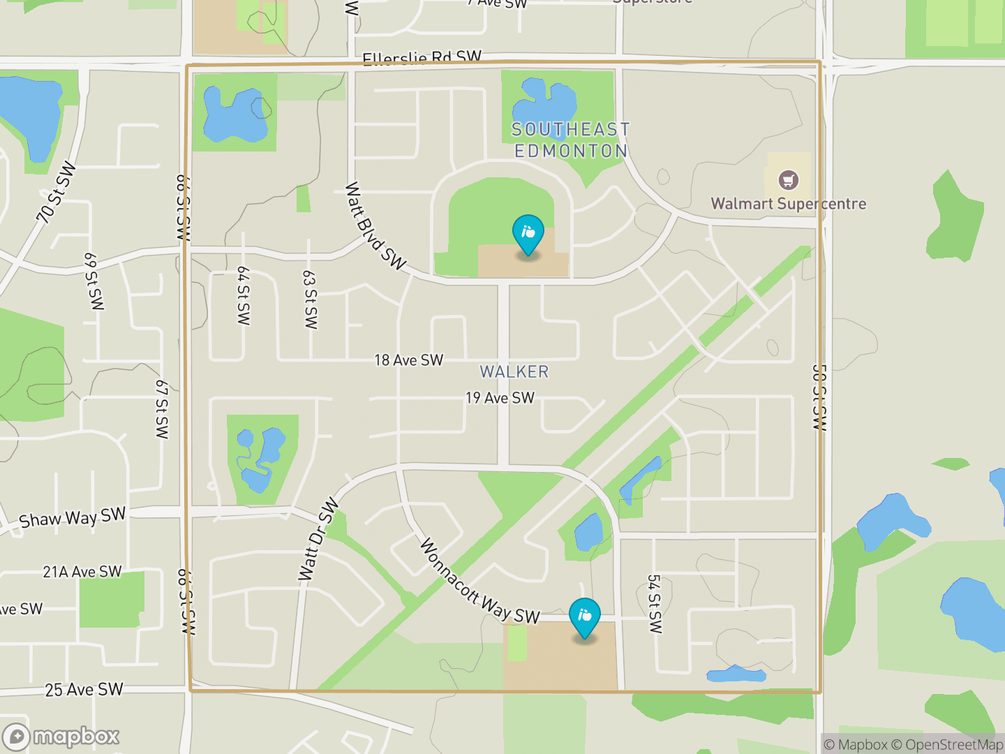 Map of Walker, Edmonton — neighbourhood boundary, 2 schools, parks and surrounding streets.