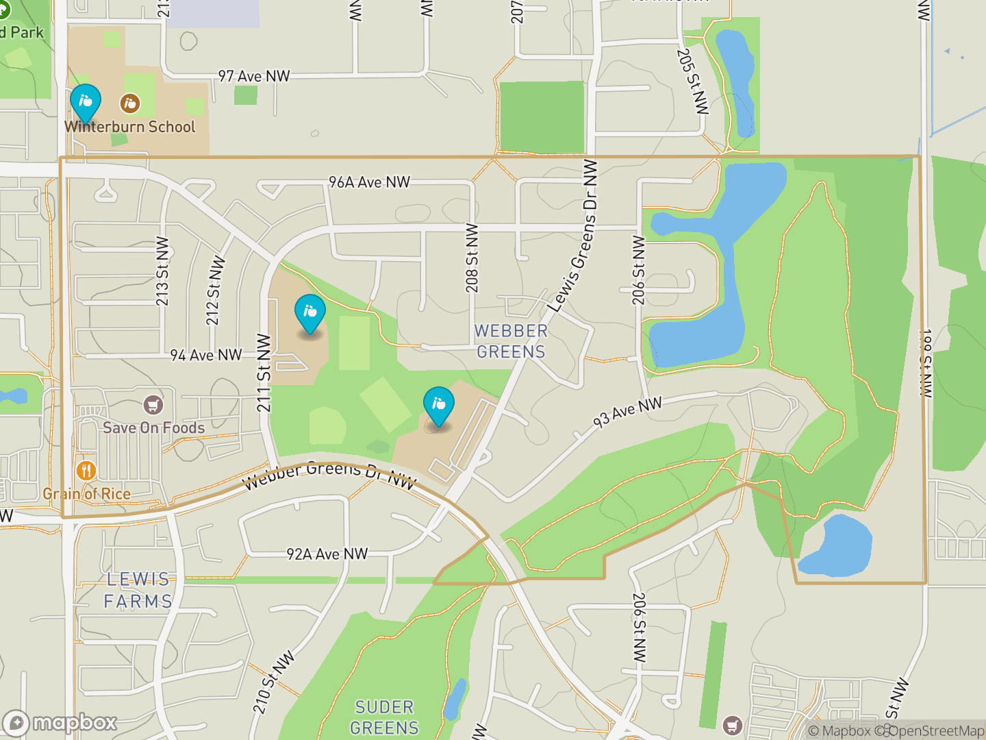 Map of Webber Greens, Edmonton — neighbourhood boundary, 3 schools, parks and surrounding streets.