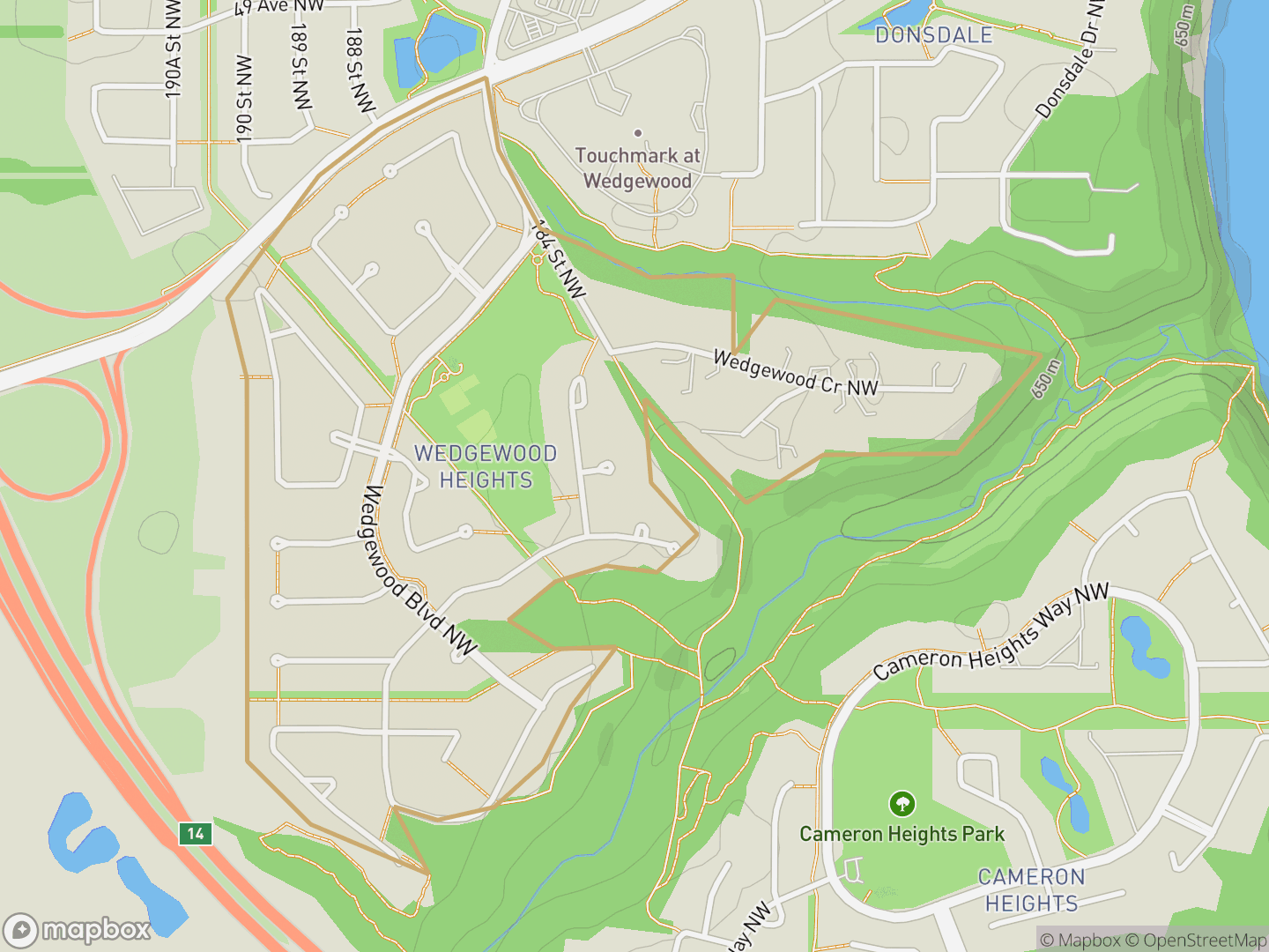 Map of Wedgewood Heights, Edmonton — neighbourhood boundary, parks and surrounding streets.