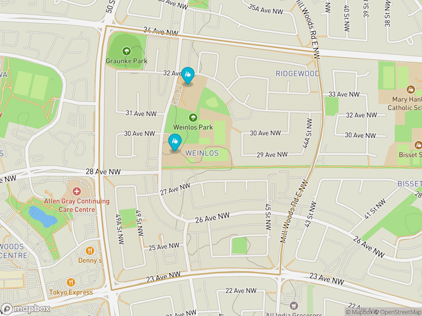 Map of Weinlos, Edmonton — neighbourhood boundary, 2 schools, parks and surrounding streets.