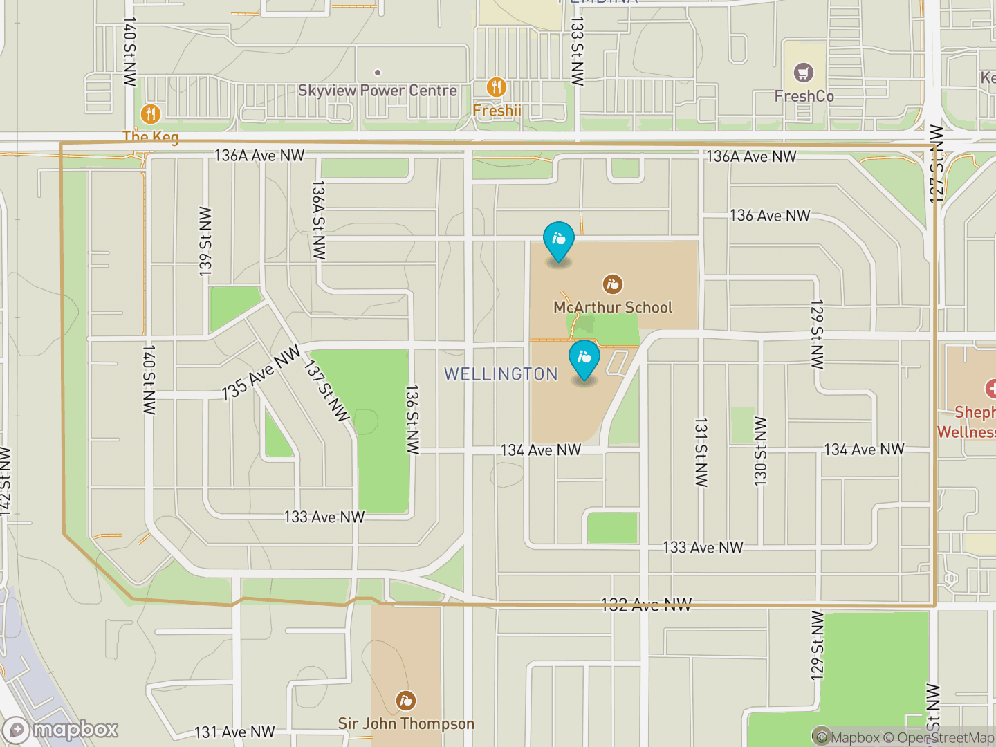 Map of Wellington, Edmonton — neighbourhood boundary, 2 schools, parks and surrounding streets.