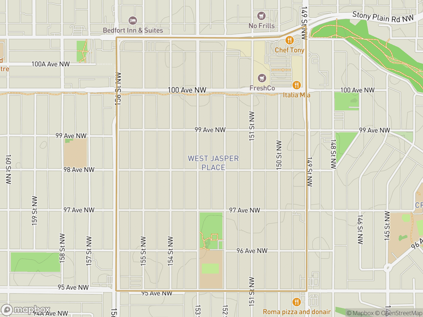 Map of West Jasper Place, Edmonton — neighbourhood boundary, parks and surrounding streets.