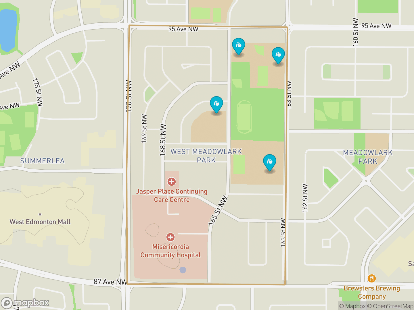 Map of West Meadowlark Park, Edmonton — neighbourhood boundary, 4 schools, parks and surrounding streets.