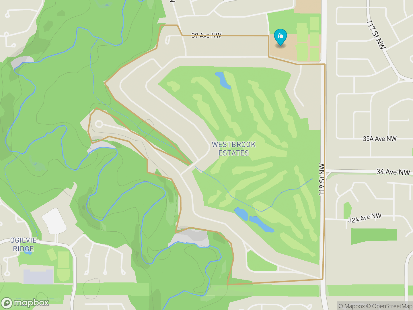 Map of Westbrook Estates, Edmonton — neighbourhood boundary, 1 school, parks and surrounding streets.