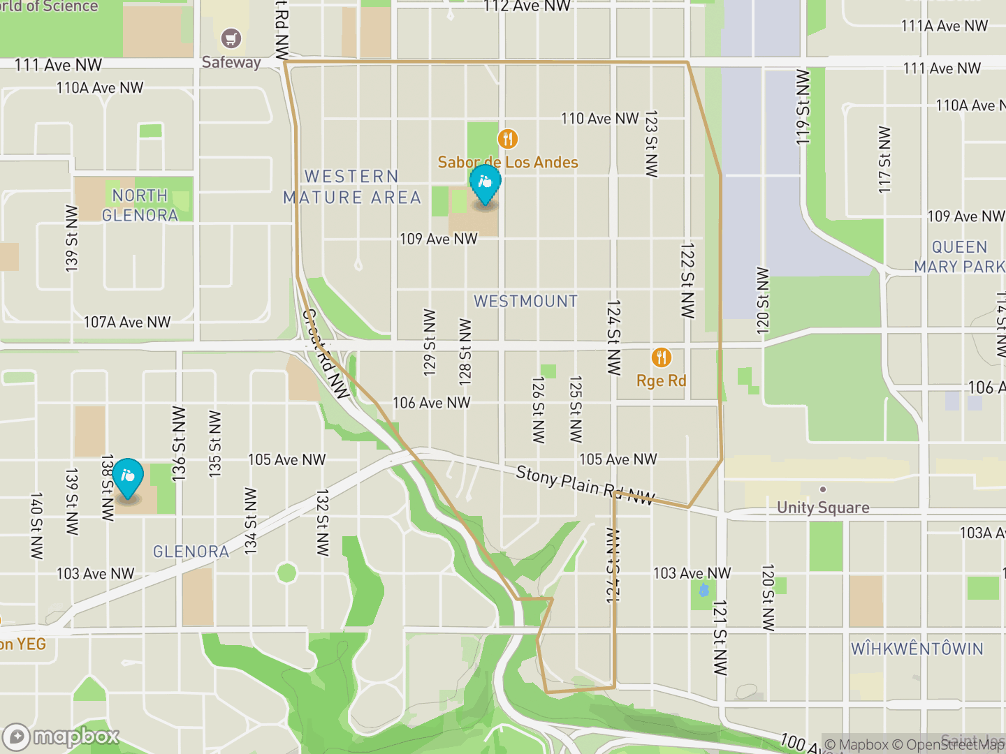 Map of Westmount, Edmonton — neighbourhood boundary, 2 schools, parks and surrounding streets.