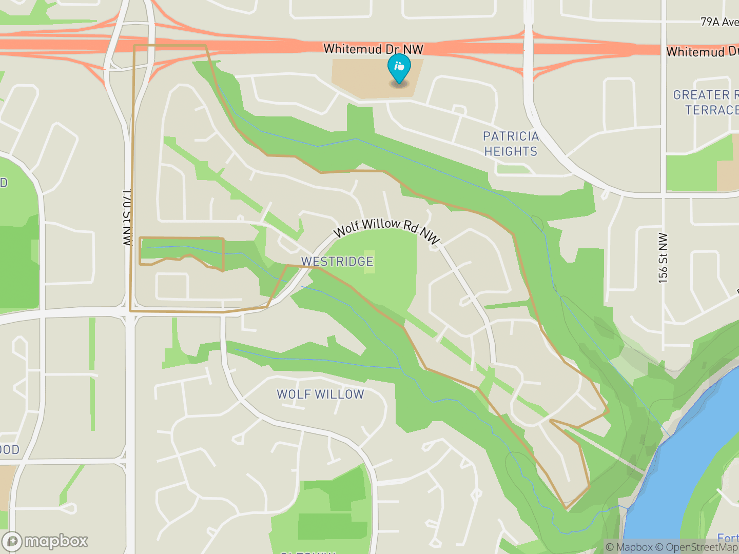 Map of Westridge, Edmonton — neighbourhood boundary, 1 school, parks and surrounding streets.