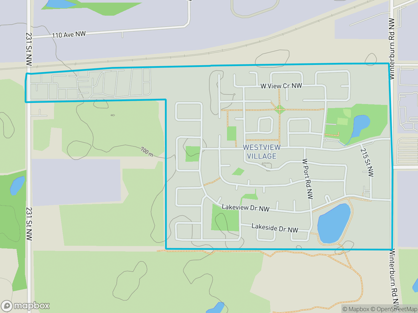 Map of Westview Village, Edmonton — neighbourhood boundary, parks and surrounding streets.