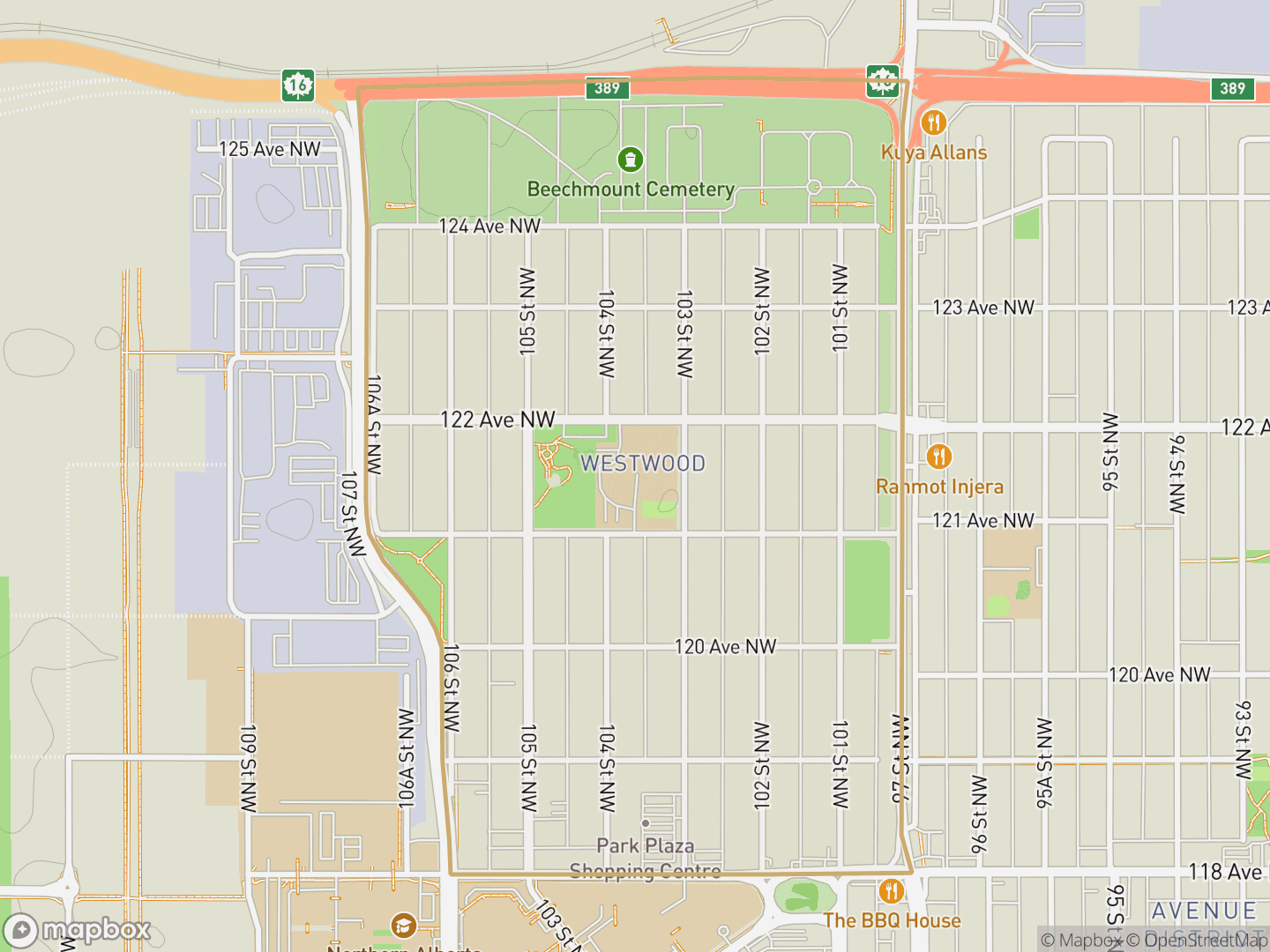 Map of Westwood, Edmonton — neighbourhood boundary, parks and surrounding streets.