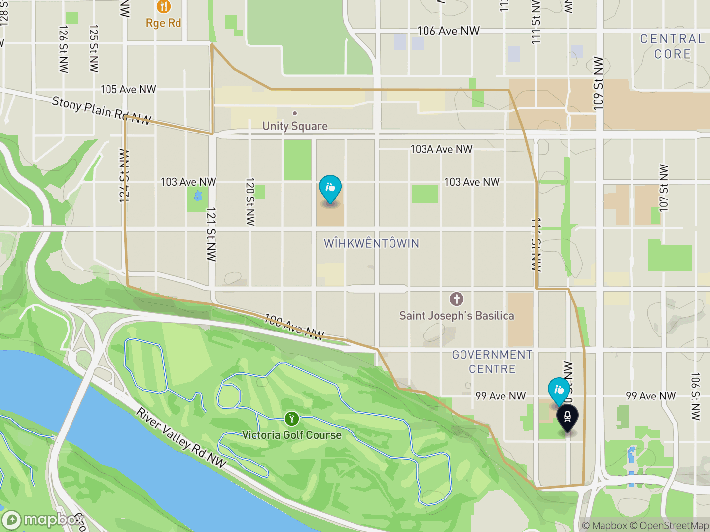Map of Wîhkwêntôwin, Edmonton — neighbourhood boundary with 1 LRT station, 2 schools, parks and surrounding streets.