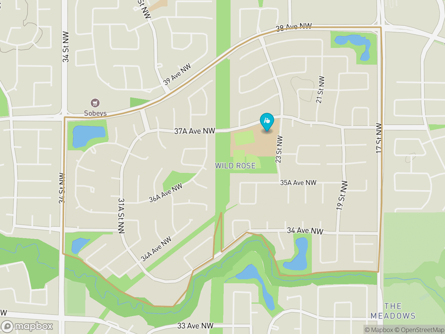 Map of Wild Rose, Edmonton — neighbourhood boundary, 1 school, parks and surrounding streets.