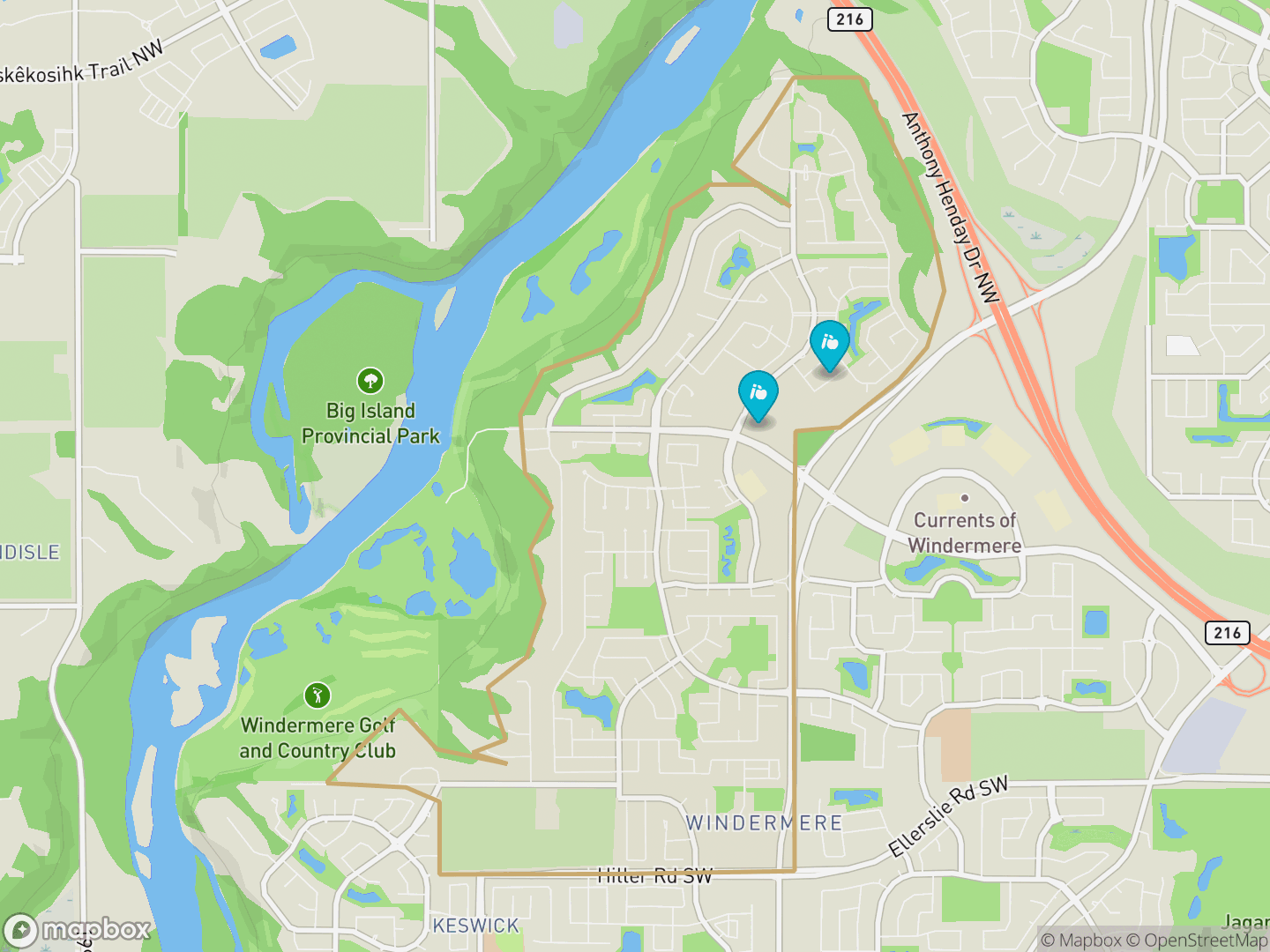 Map of Windermere, Edmonton — neighbourhood boundary, 2 schools, parks and surrounding streets.