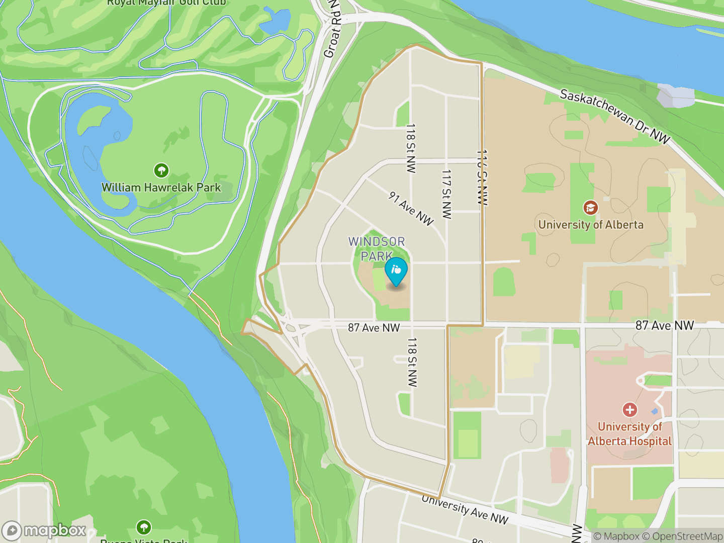 Map of Windsor Park, Edmonton — neighbourhood boundary, 1 school, parks and surrounding streets.
