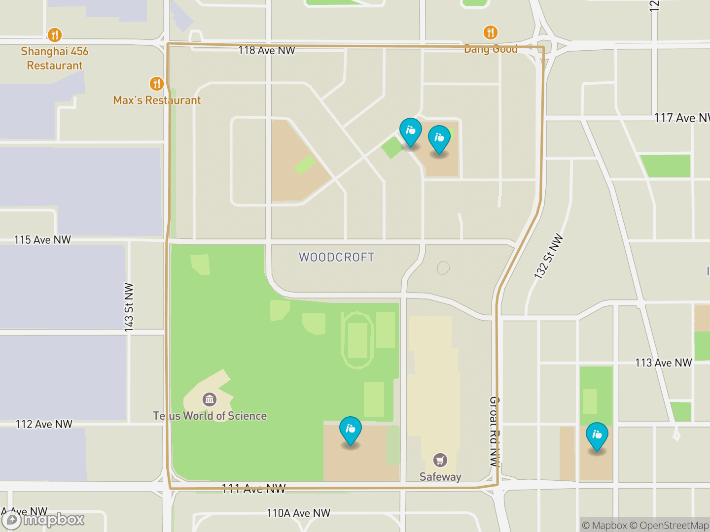 Map of Woodcroft, Edmonton — neighbourhood boundary, 4 schools, parks and surrounding streets.