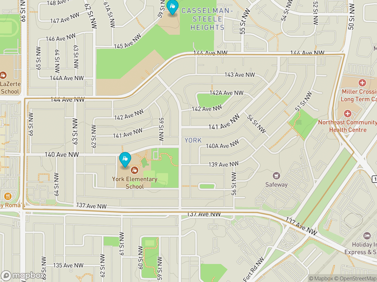 Map of York, Edmonton — neighbourhood boundary, 2 schools, parks and surrounding streets.